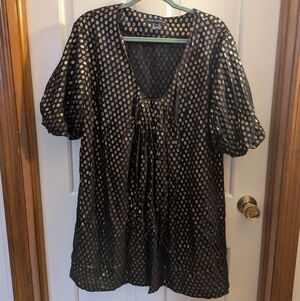 French Connection Silk Metallic Gold Polka Dot Shift Dress Size 12
